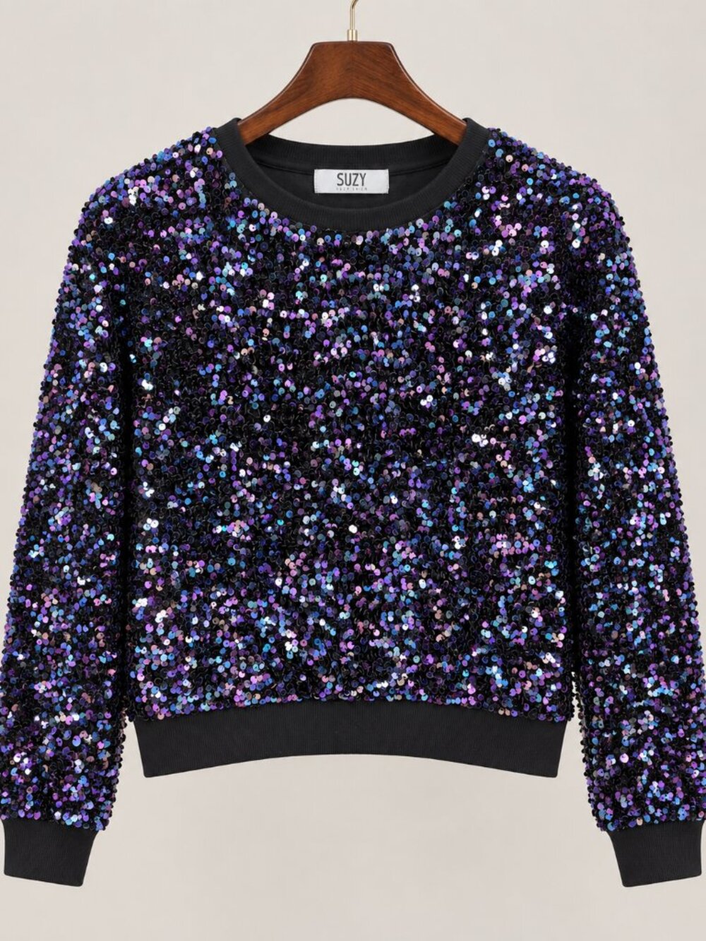 Sequin Sweatshirt M Iridescent Purple Blue Black Party Top Y2K Festive